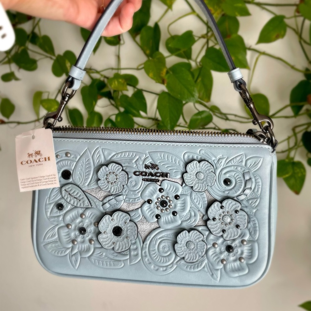Coach small handbag/wristlet, blue leather with flower accents